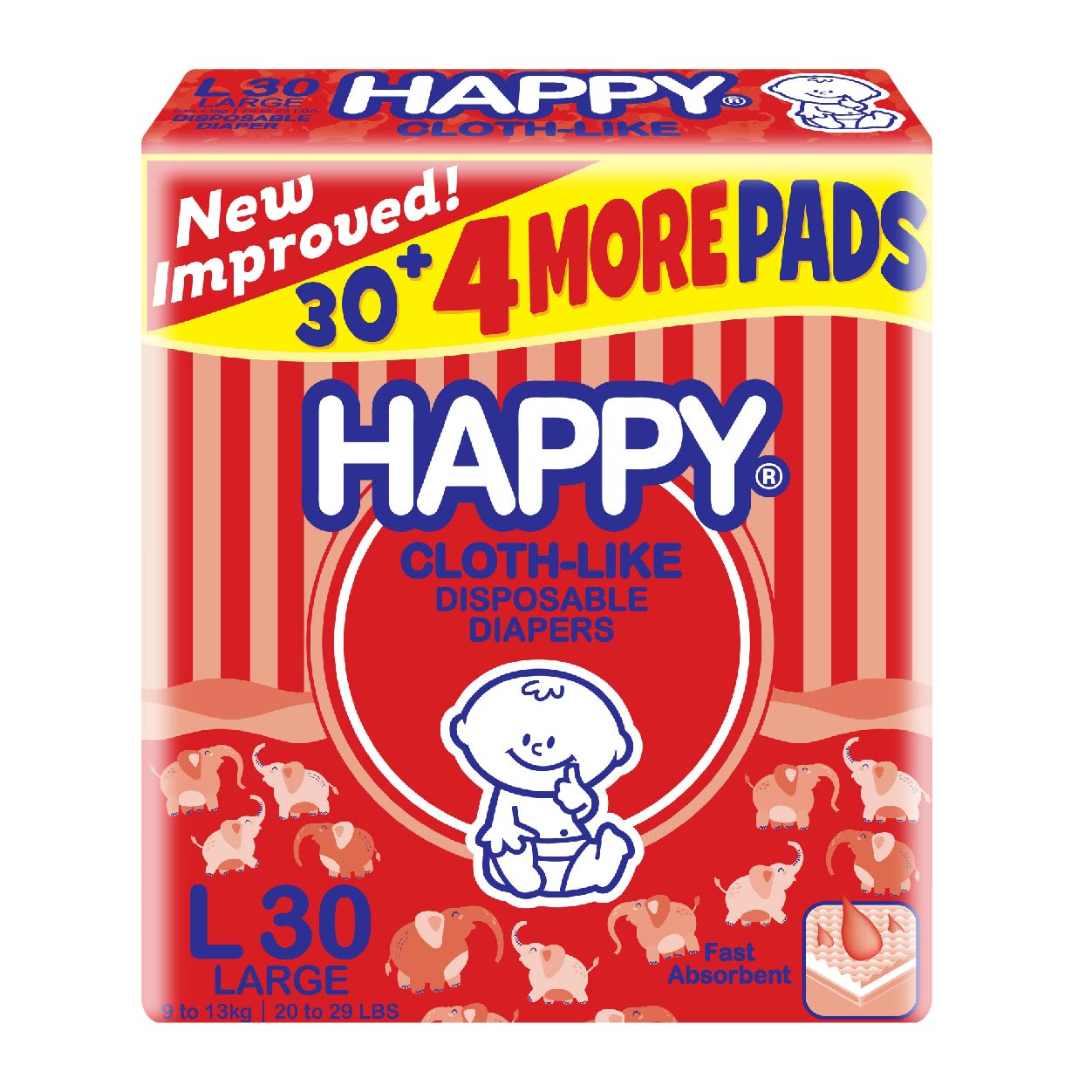 Happy Cloth-Like Disposable Diapers L 30s + Free